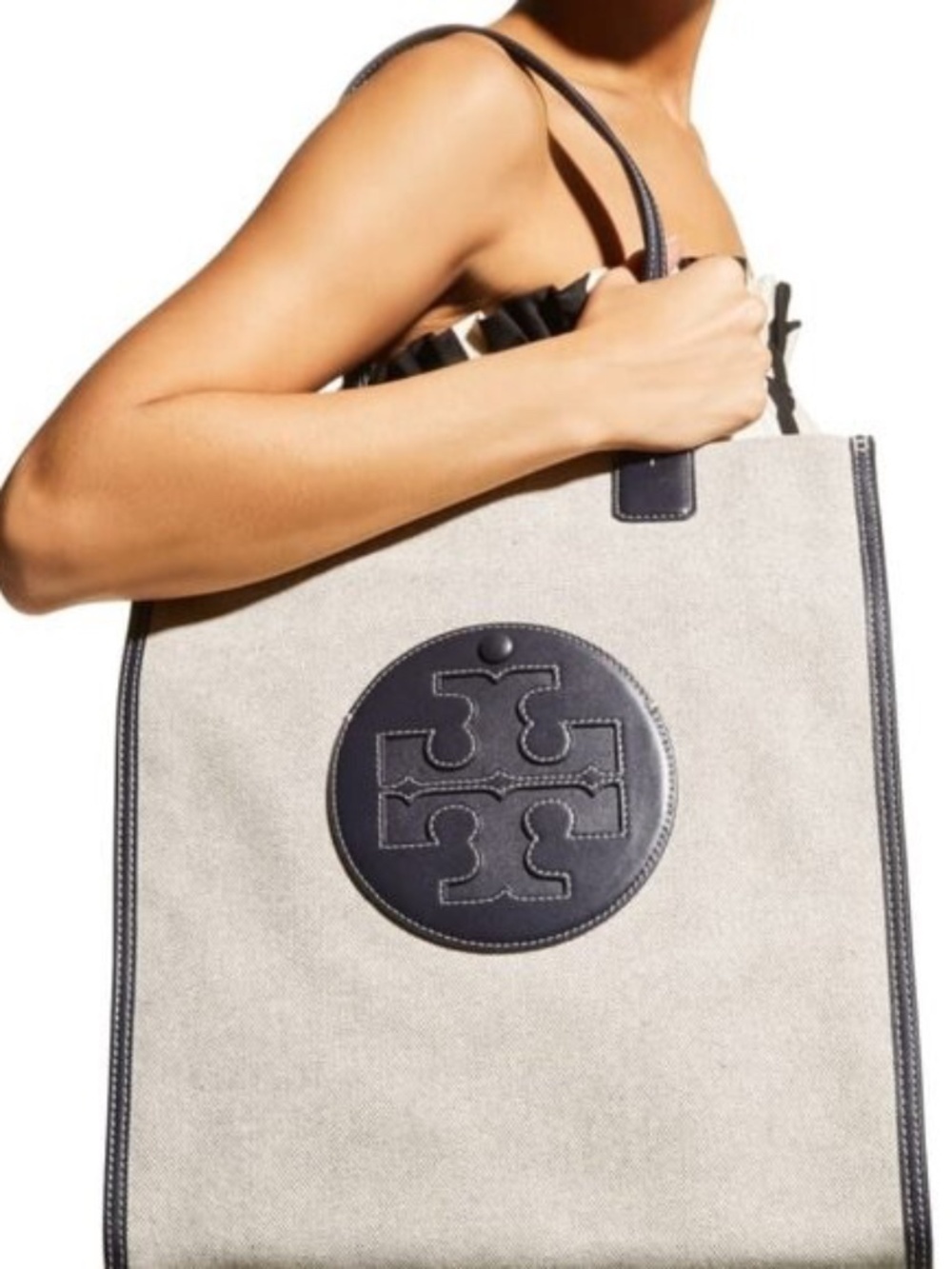 Tory Burch Beige Canvas Tote with Navy Logo Trim